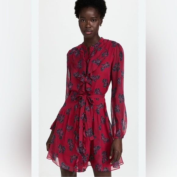 Saloni Tilly Ruffle Bib 100% Silk Long Sleeve Dress in Cherry Bows - Picture 1 of 16